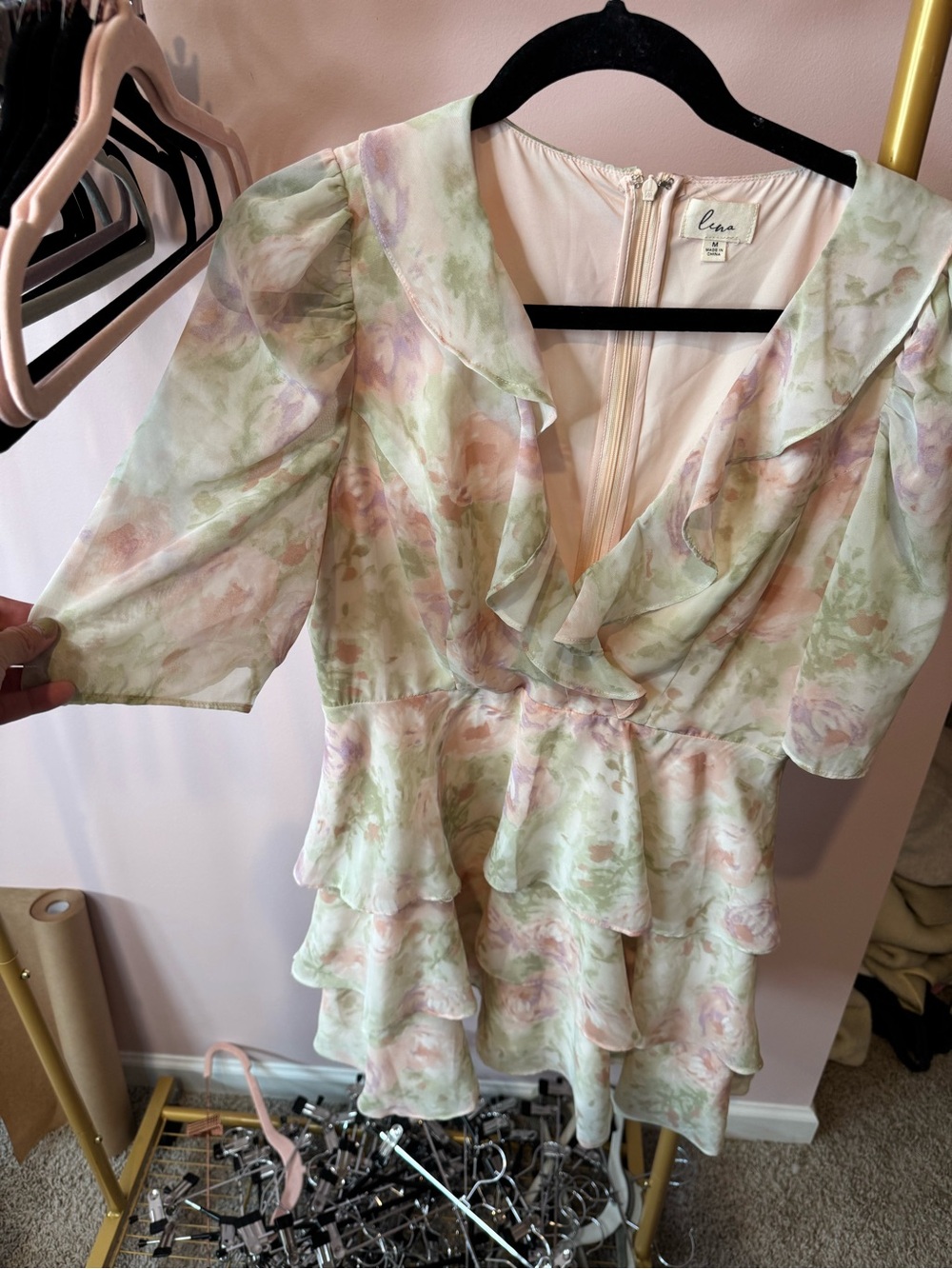 Reformation Lena Tiered Ruffle V-Neck Dress - Pastel Green & Pink Floral